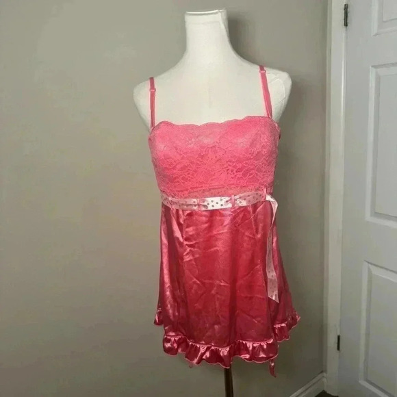 Y2K satin Barbie babydoll mini  slip/cheminse with polka dot ribbon L coquette - Picture 3 of 6